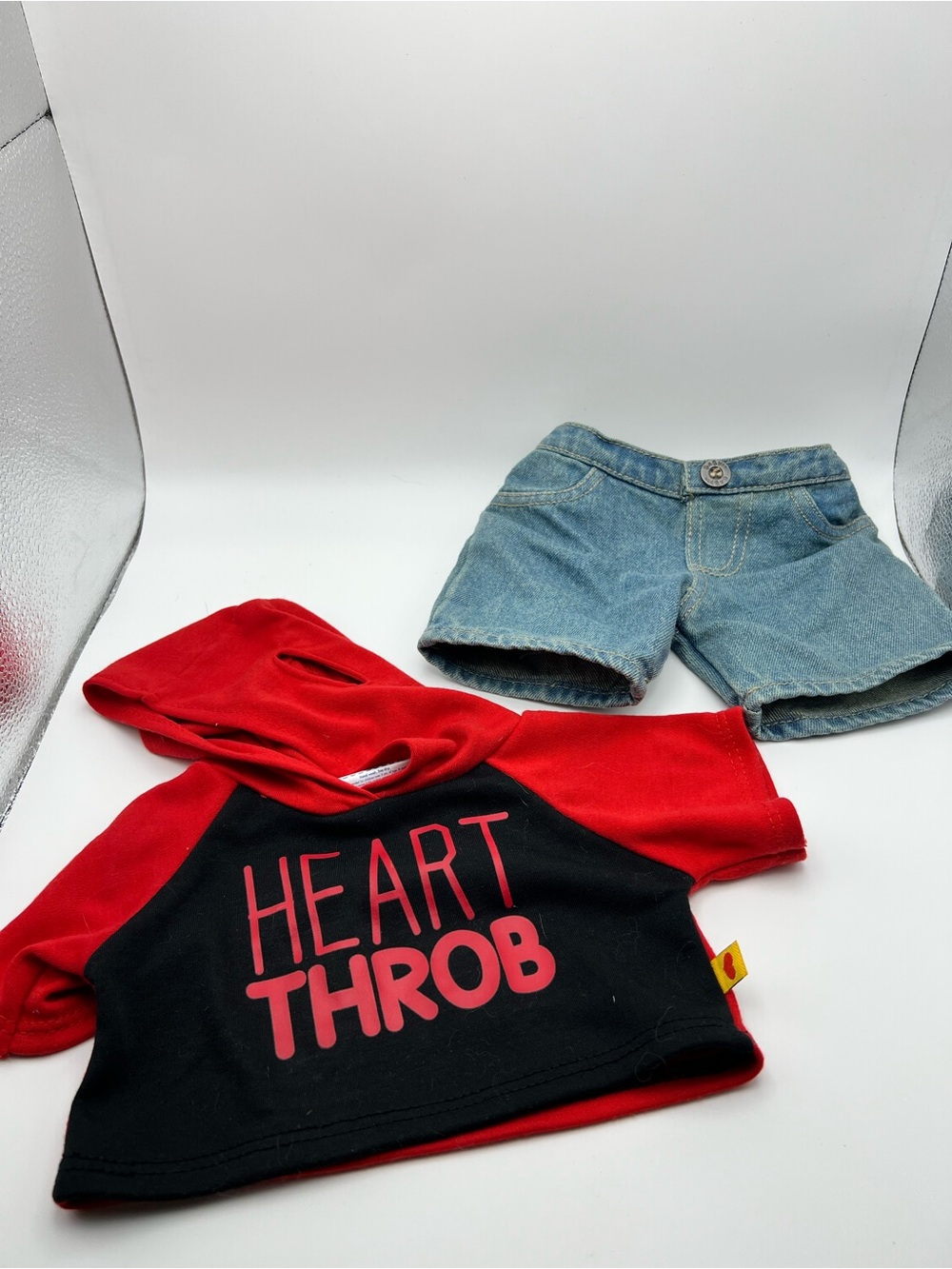 Build-A-Bear Red and Black 'Heart Throb' Hoodie with Blue Denim Shorts
